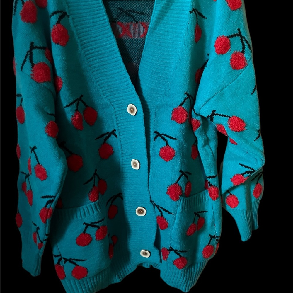 Cherry Patterned Teal Cardigan Sweater